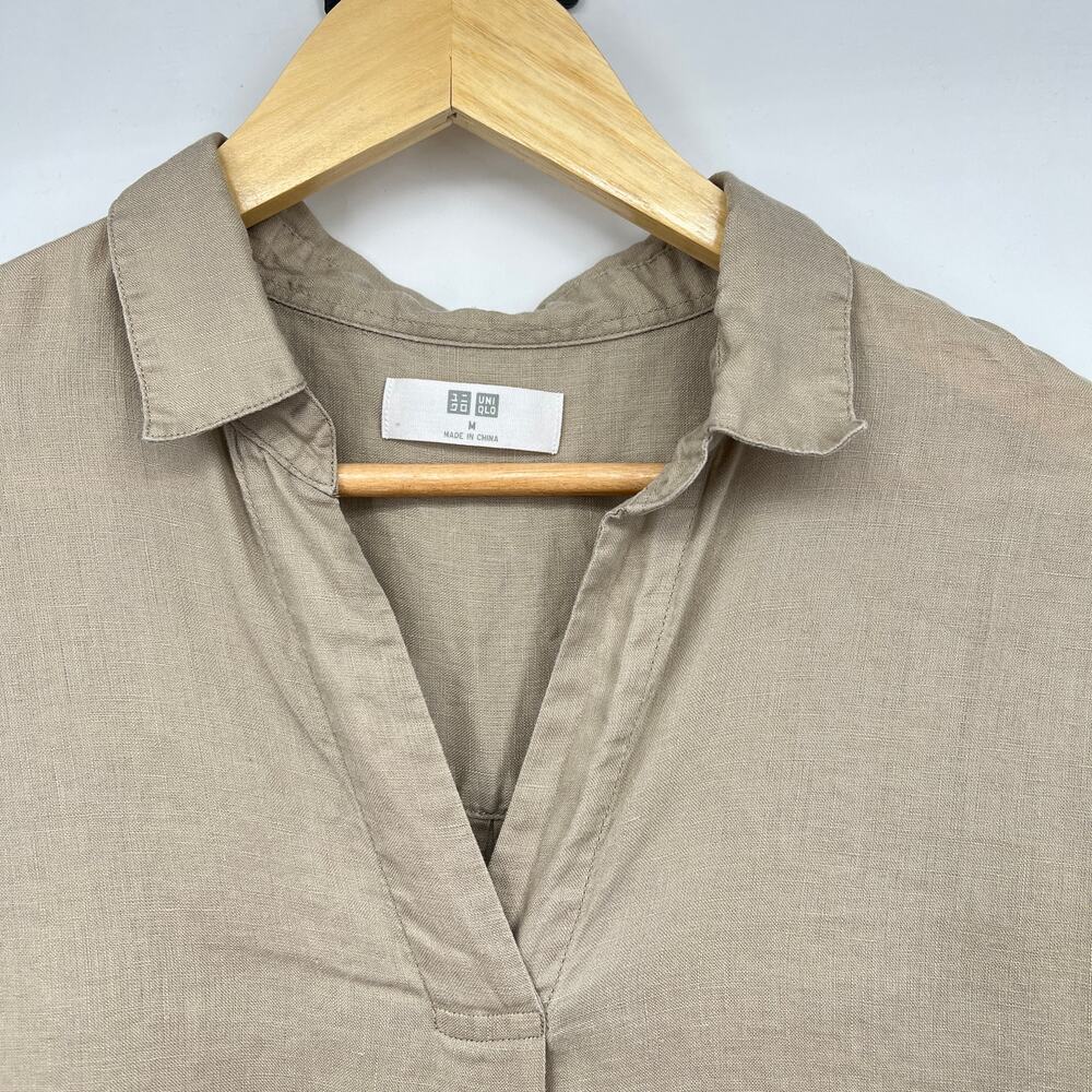 Uniqlo Tan Linen Popover Collared Long Sleeve Blouse Women's M Minimalist - Picture 3 of 6